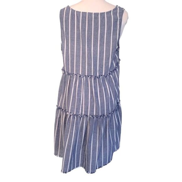 Umgee Chambray Nautical Linen Look Striped Tiered Frayed Tank Dress Sz S - Picture 5 of 8